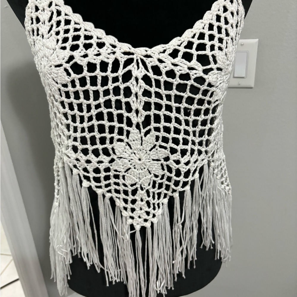 White Crochet Fringe Women Top